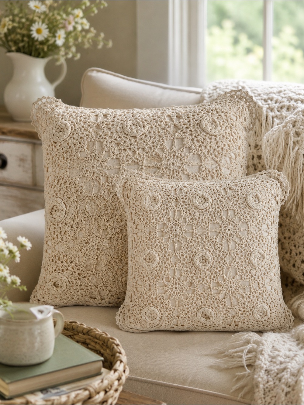 Handcrafted Crochet Accent Pillow - Beige